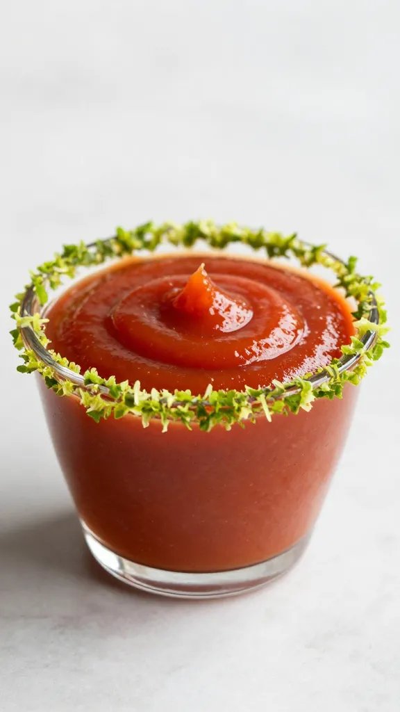 ramekin of michelada ketchup with lime zest rim