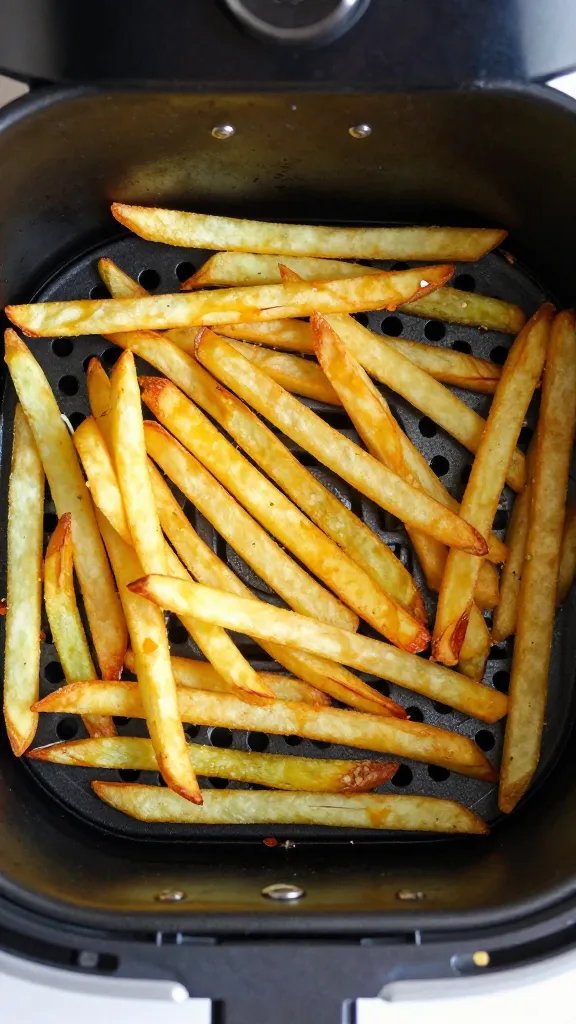 air fryer basket holding golden jicama fries, overhead