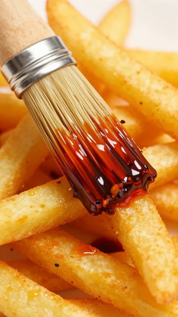 brushed-on chili oil sheen on jicama fry, macro