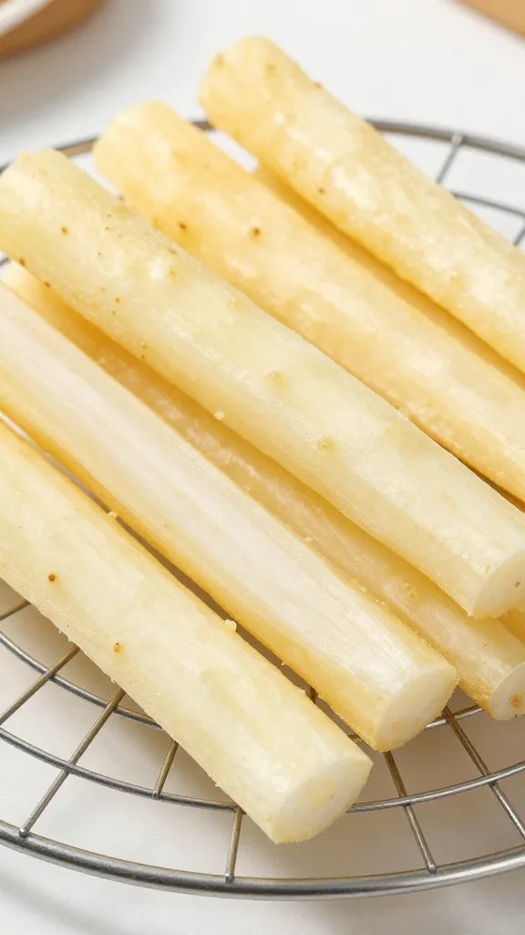 thick-cut jicama batons salted on wire rack