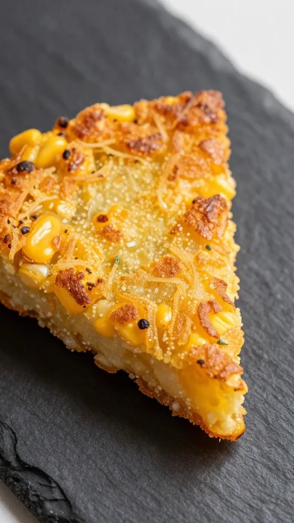 closeup corn fritter wedge on dark slate plate
