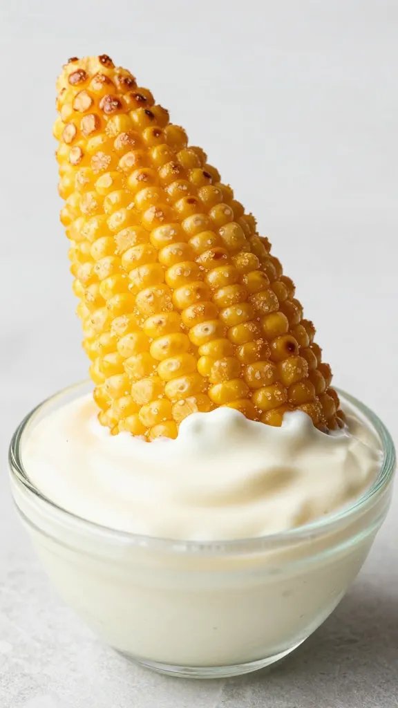 single corn fritter wedge dipped in Pimm’s Cup sauce