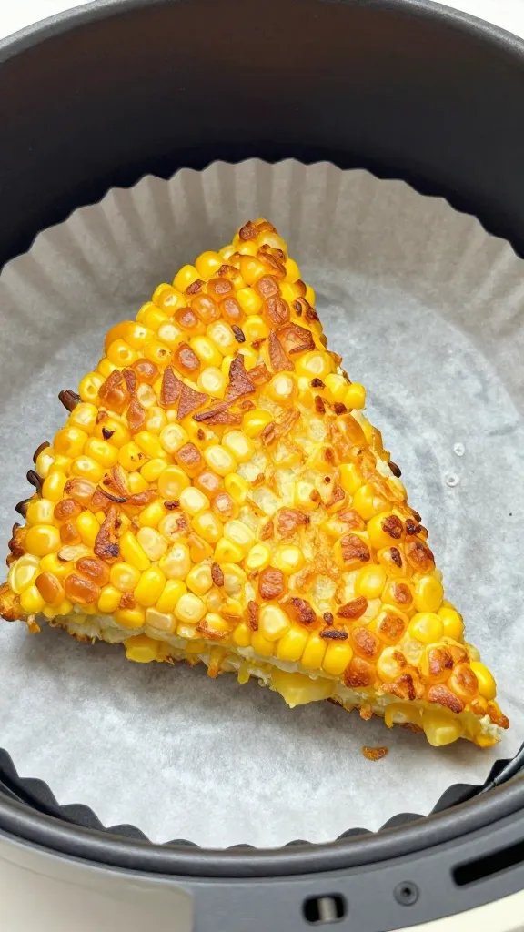 golden corn fritter wedge on parchment-lined air fryer basket
