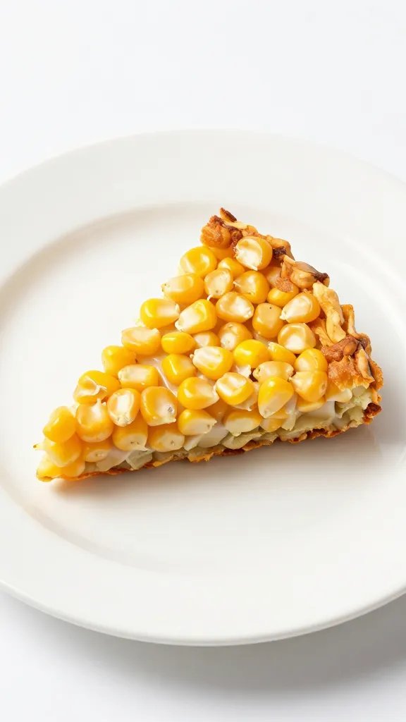 single corn kernel-studded fritter wedge on white plate
