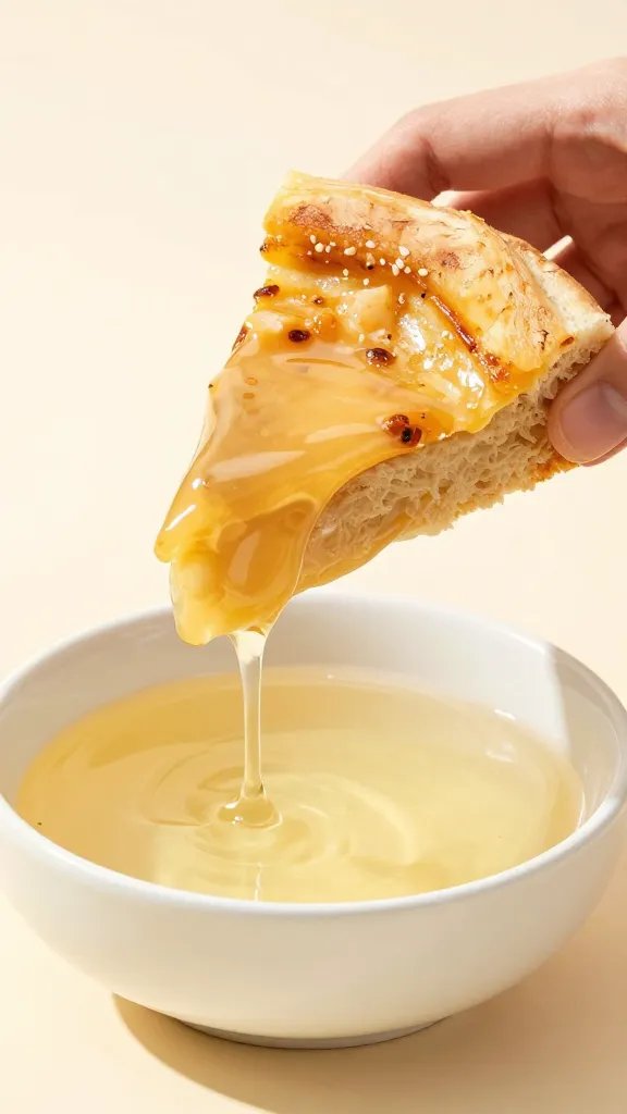 fritter wedge held by hand over dipping bowl