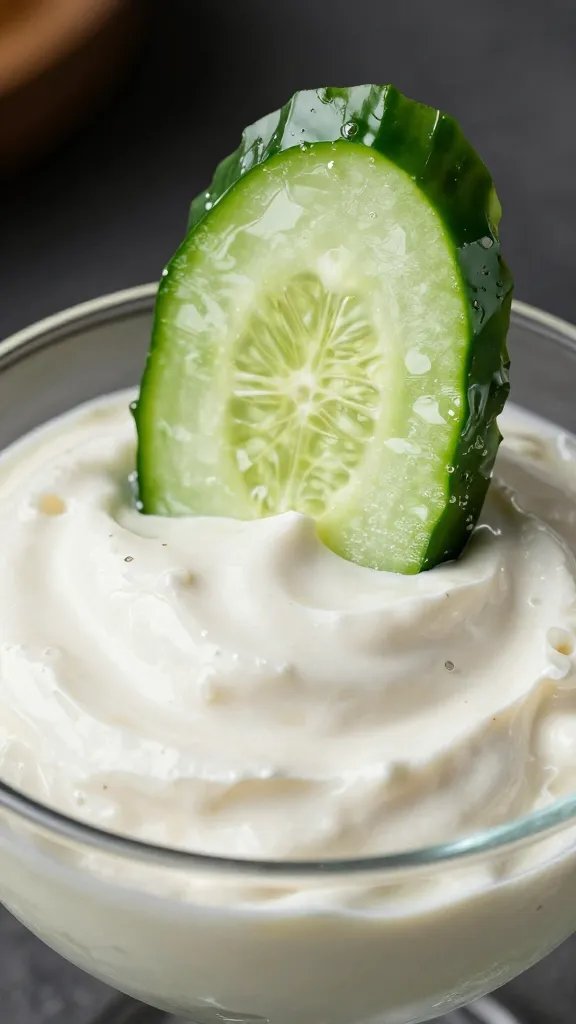 glossy cucumber slice garnish atop Pimm’s Cup dip
