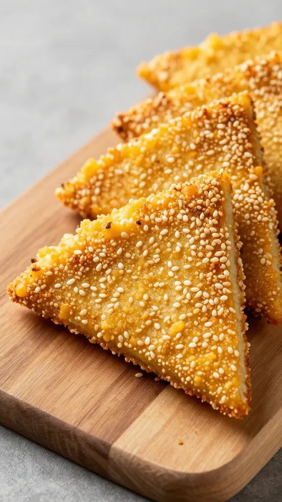 sesame-dusted corn fritter wedge on wooden board