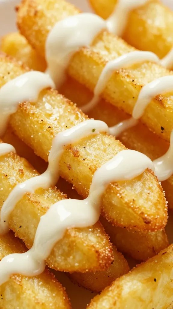 closeup of air-fried plantain fry with mojo drizzle