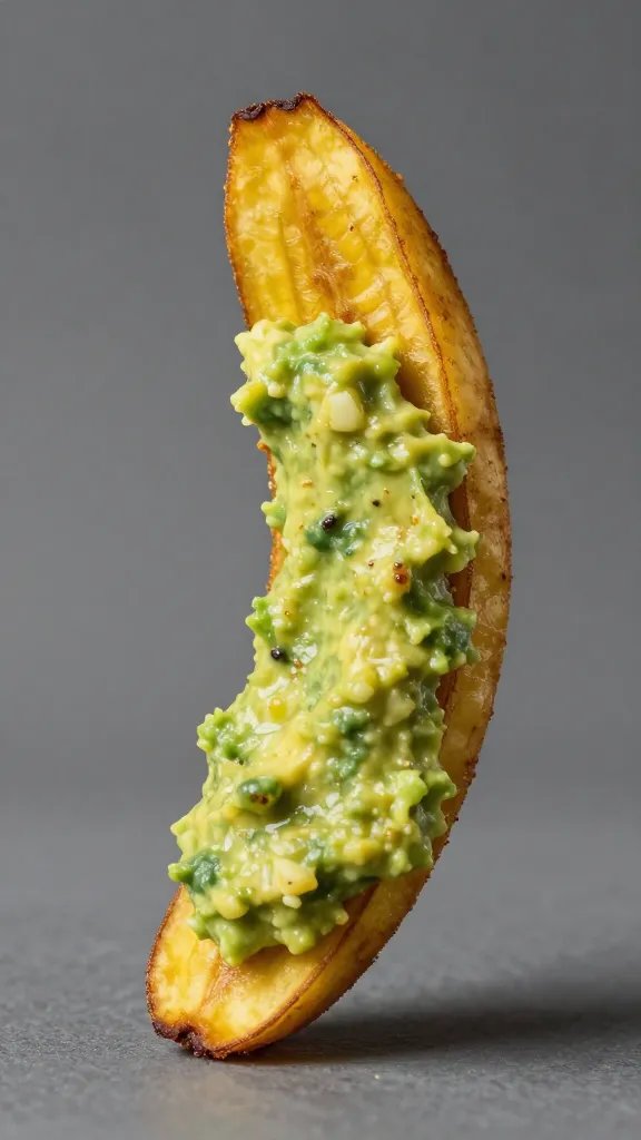 single plantain fry dipped in chunky guacamole, studio light
