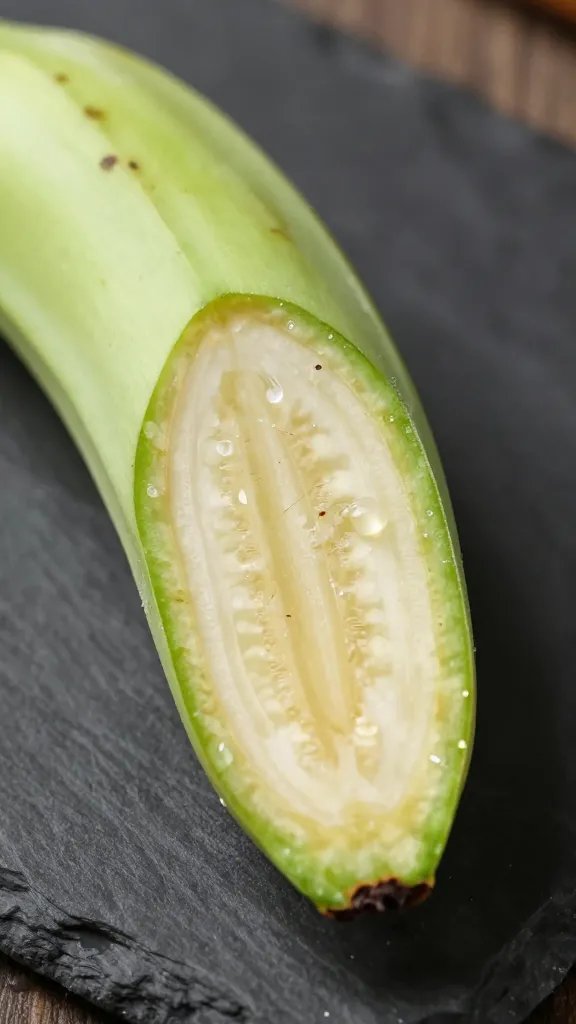 green unripe plantain cross-section on dark slate