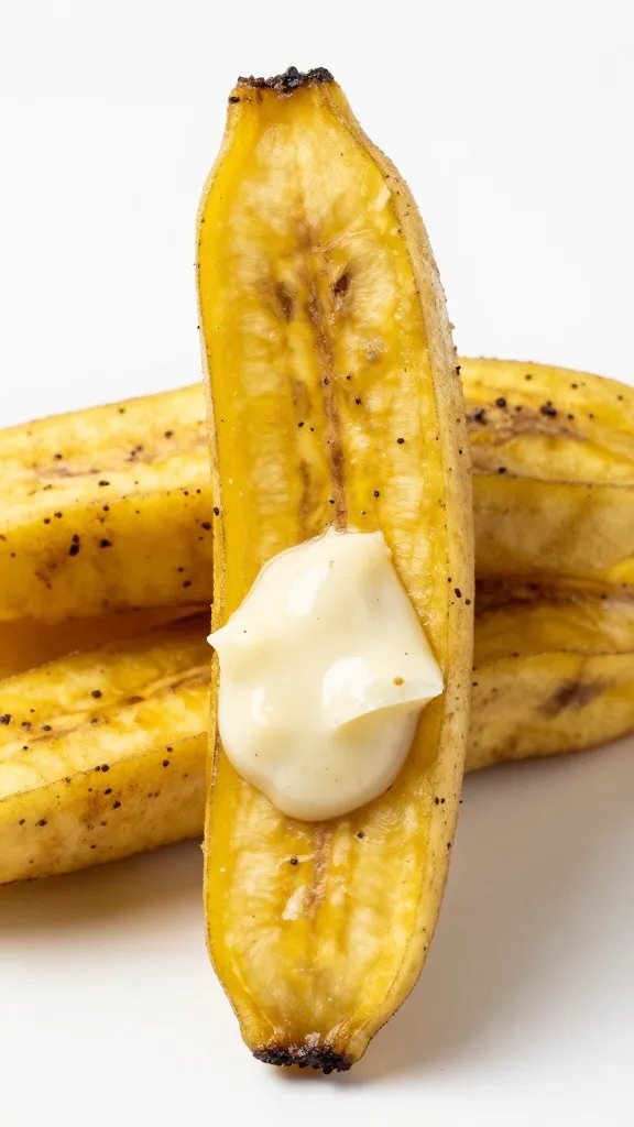 plantain fry standing upright with garlic mojo cling