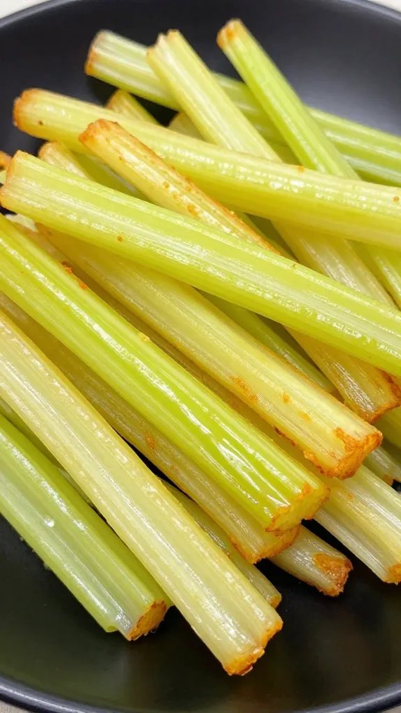 closeup of air-fried celery root ribbons on black plate