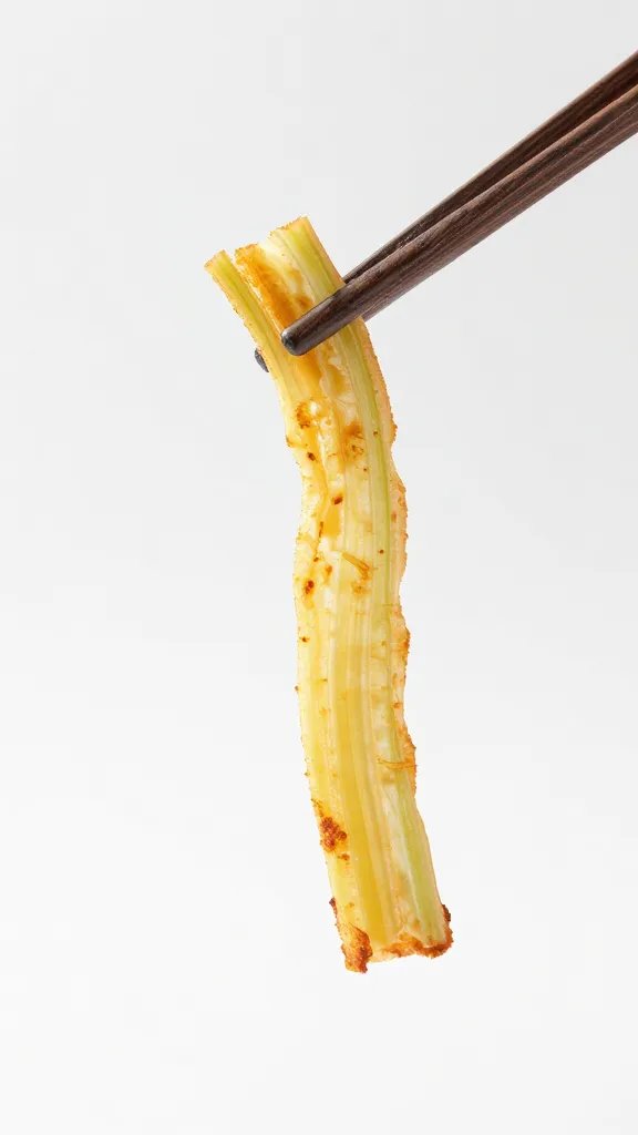 tongs lifting one crispy celery root ribbon, shallow depth