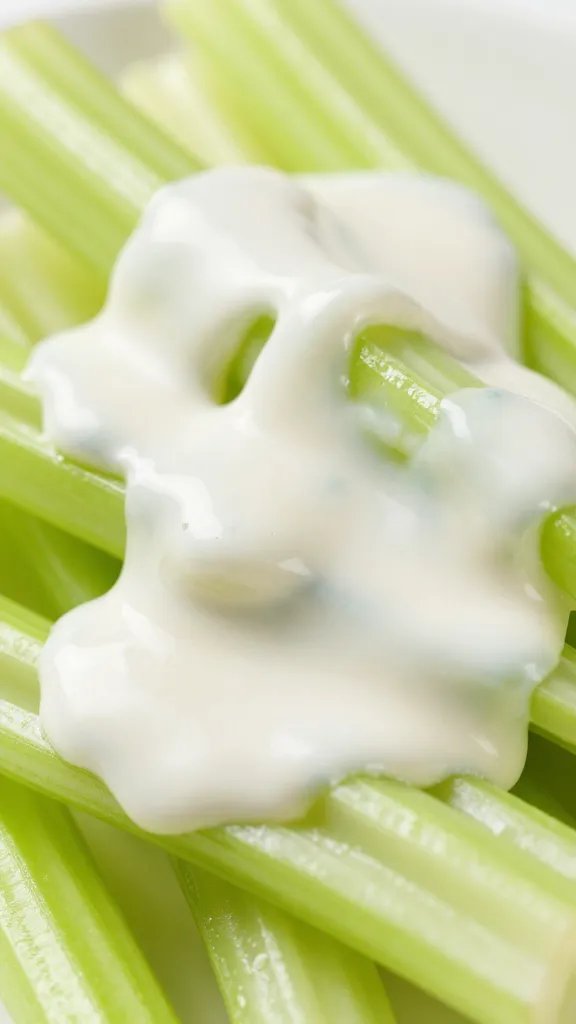 drizzle of pickleback ranch over celery root ribbons, macro