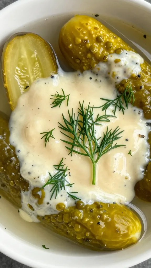 bowl of pickleback ranch with floating dill fronds, closeup