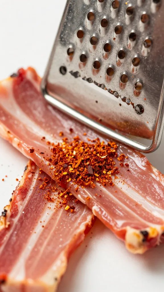 microplane grater dusting smoked paprika onto ribbons, macro