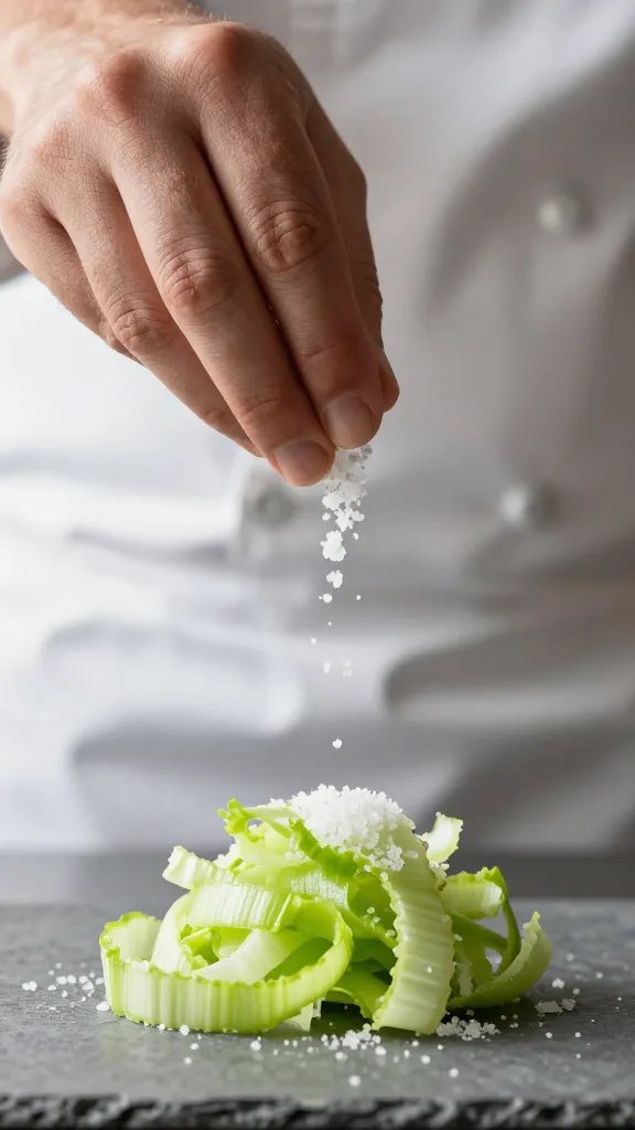 chef’s hand sprinkling flaky salt over celery root ribbon