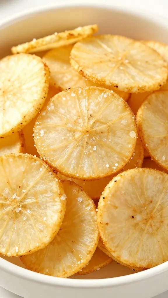 closeup bowl of air-fried radish chips, sea salt flecks