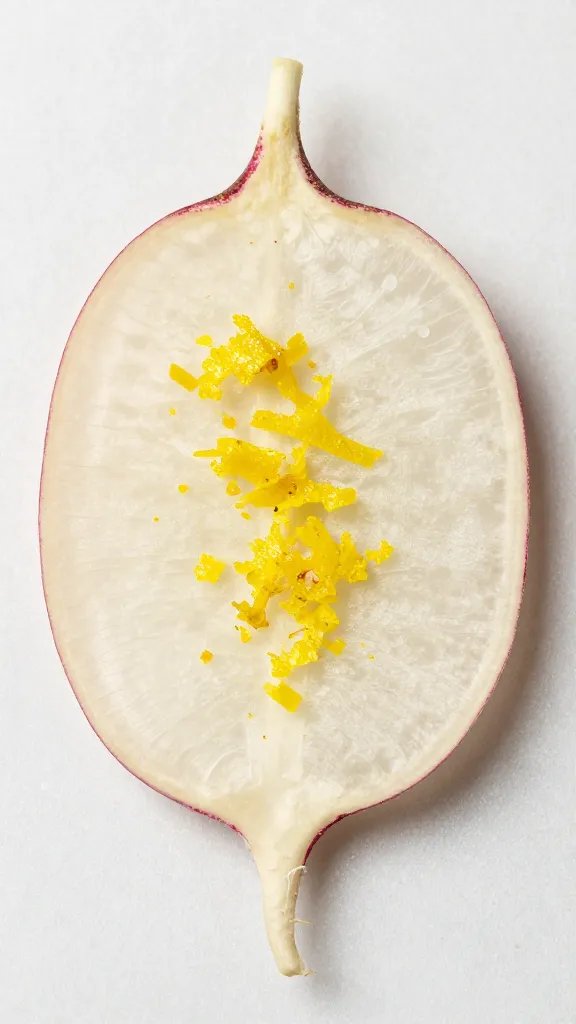 single radish chip on parchment, lemon zest dusted