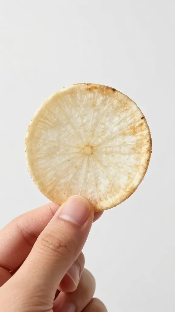 hand holding one crispy radish chip, shallow depth