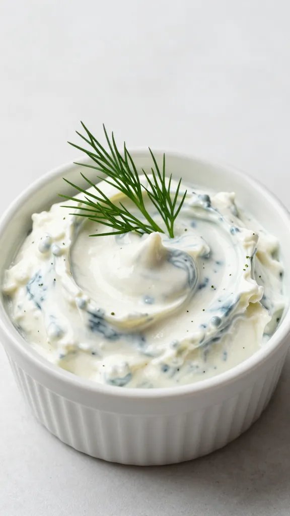 small ramekin of tzatziki ice, dill sprig garnish
