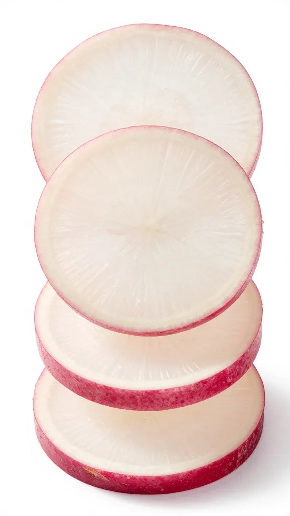 sliced raw radish stack, thin translucent rounds