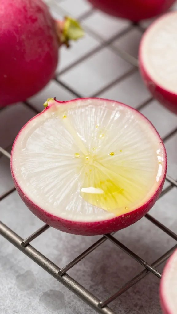 olive-oil brushed radish slice on wire rack