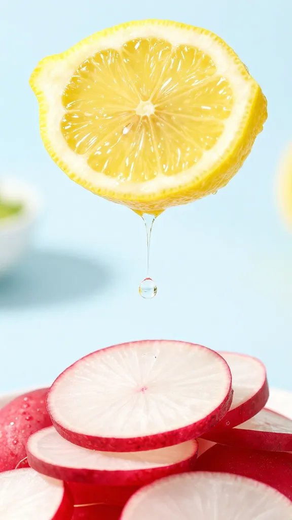lemon wedge squeezed over radish chip, micro droplet