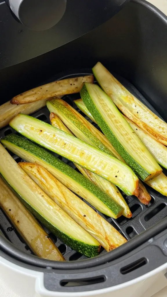 closeup of air fryer basket with golden zucchini fries