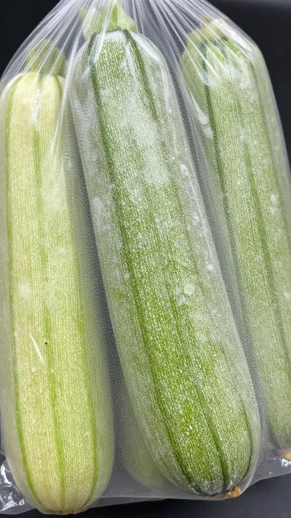 closeup of frosty unopened bag of frozen zucchini