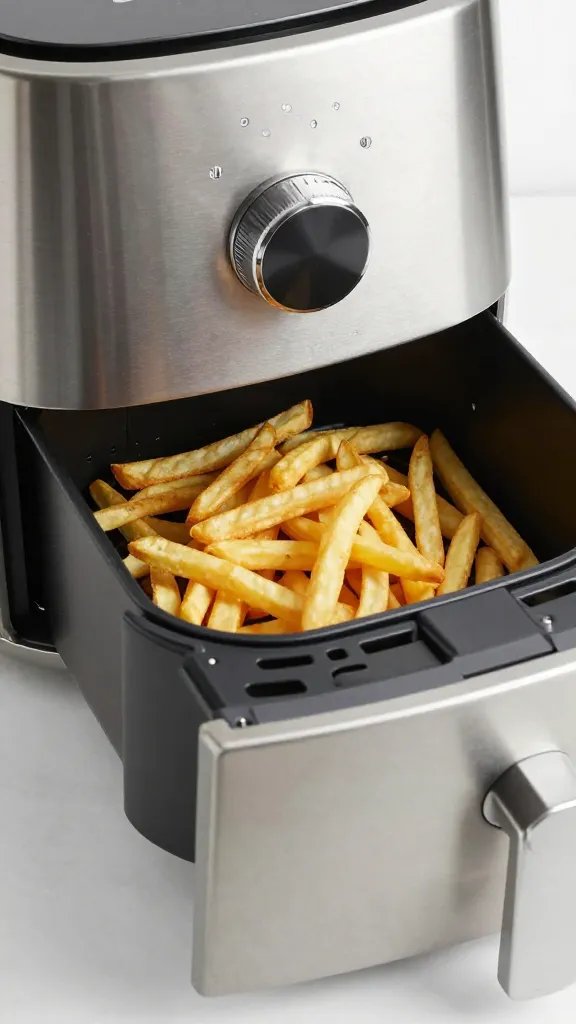 stainless air fryer drawer partially open with fries