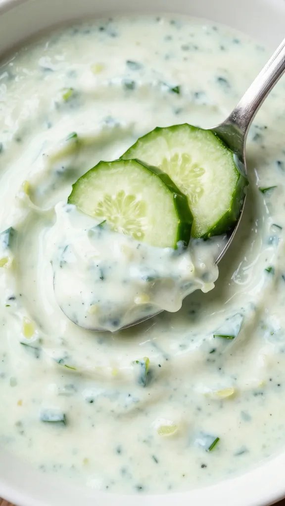 spoonful of cucumber raita with grated cucumber texture