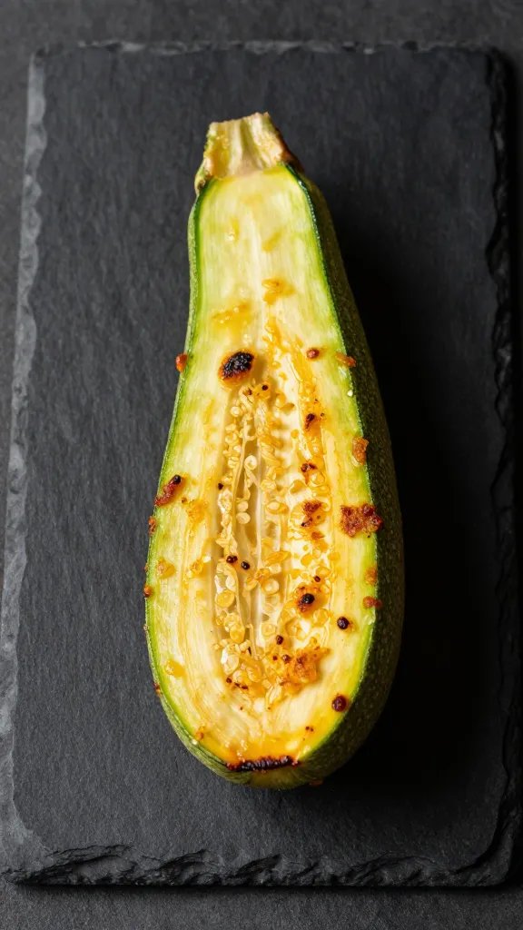 single golden zucchini fry on slate board, side-lit