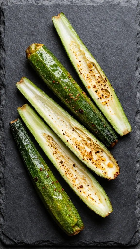 overhead shot of Tajín-dusted chayote wedge on slate plate