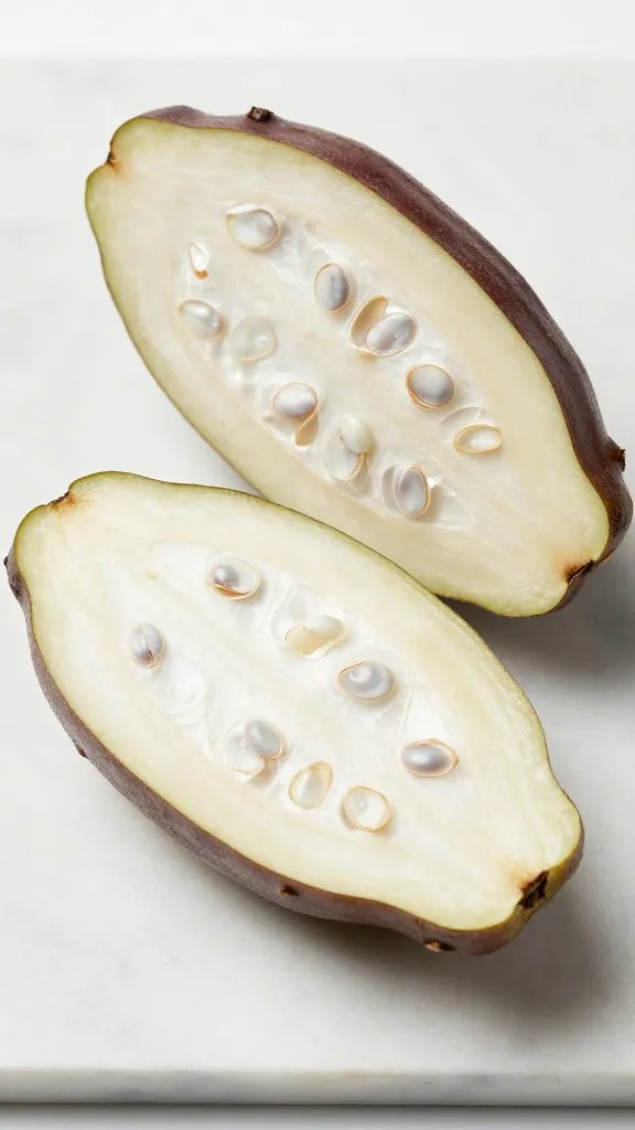halved raw chayote, seeds exposed, on marble board