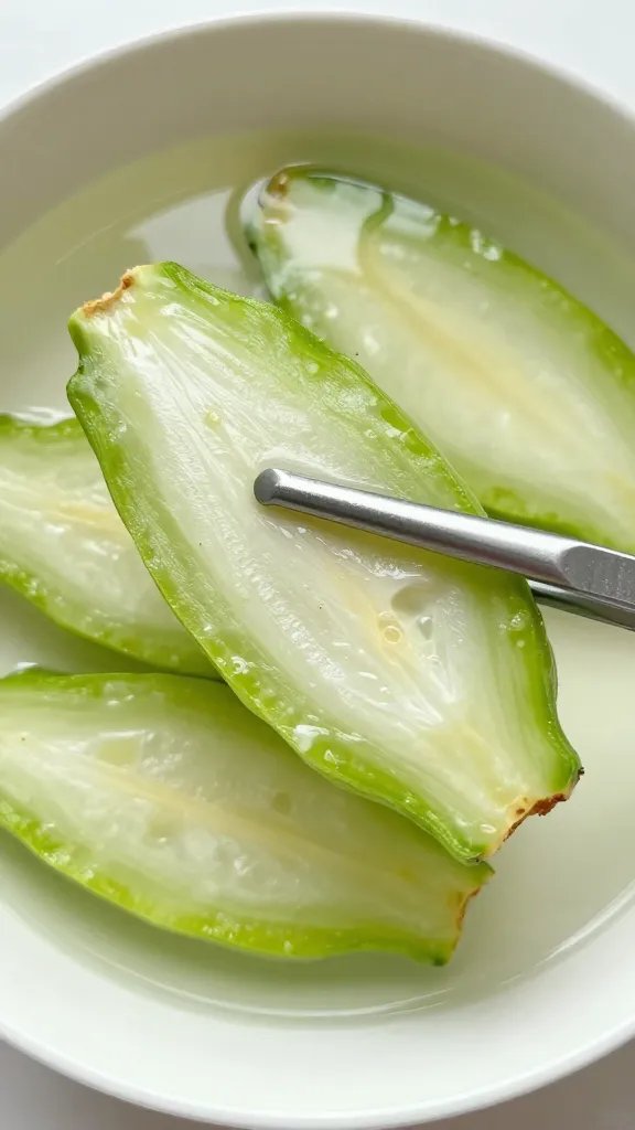 chayote wedge held with tweezers over dipping bowl