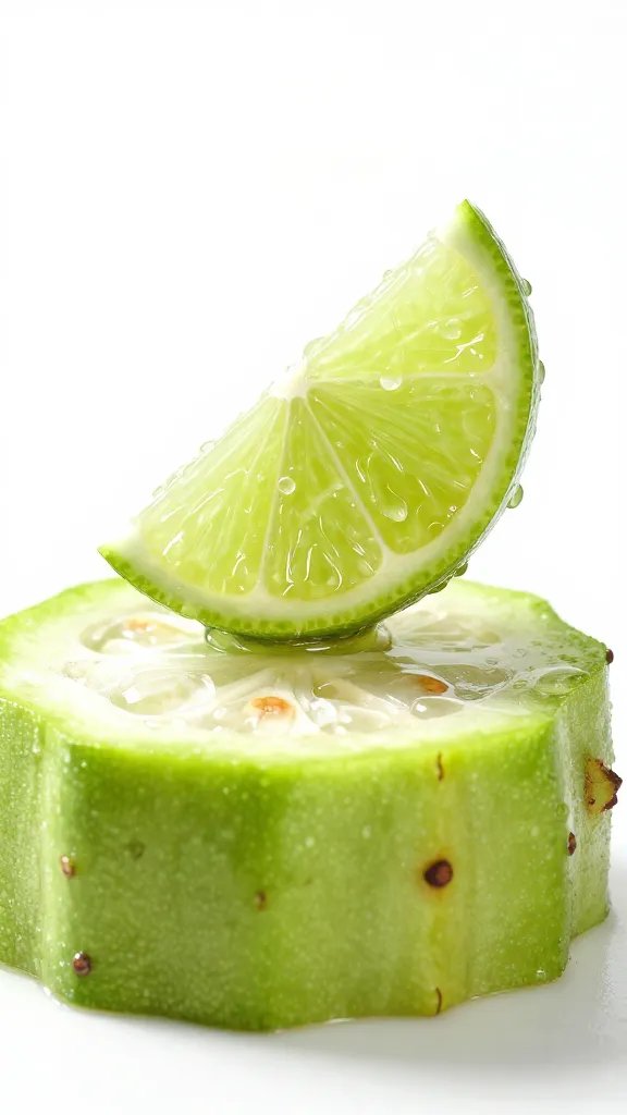 lime wedge squeezed over single chayote slice, droplets frozen