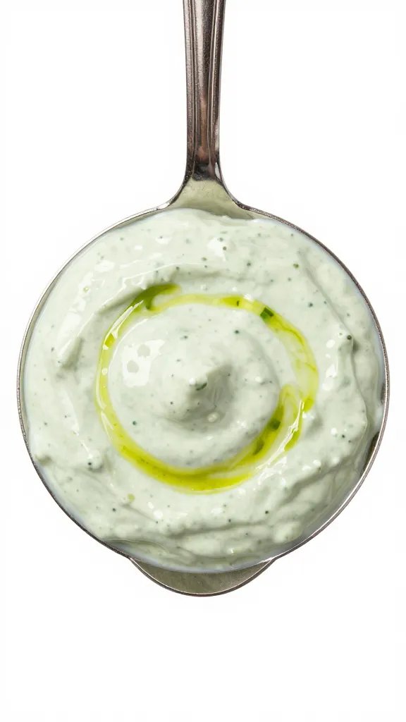 spoonful of cilantro-lime dip with Tajín swirl, isolated