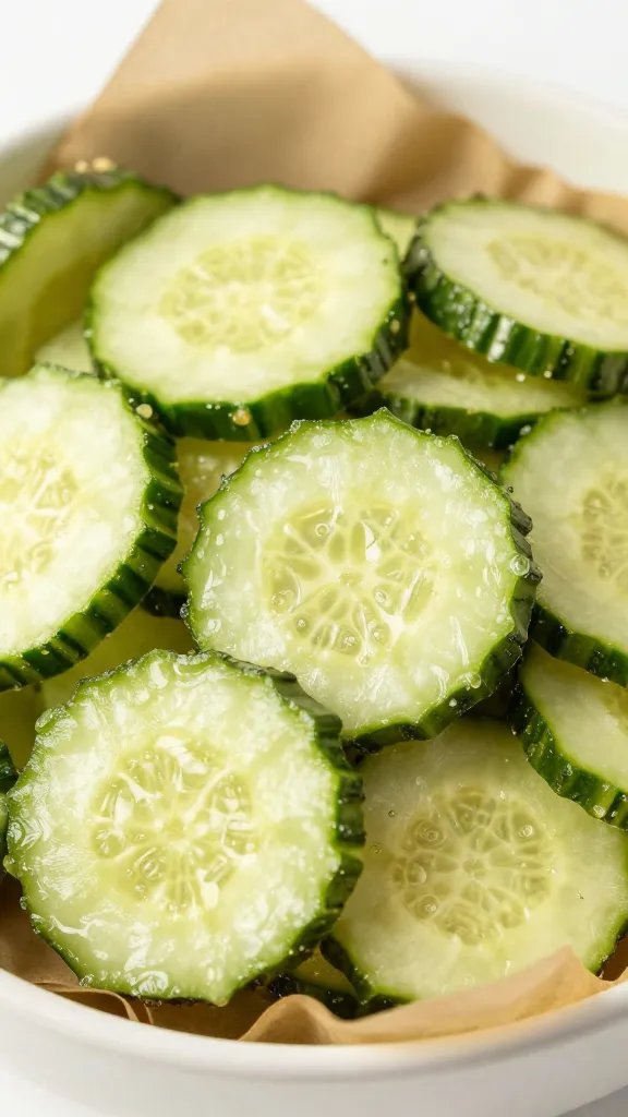 closeup bowl of air-fried cucumber crisps on parchment