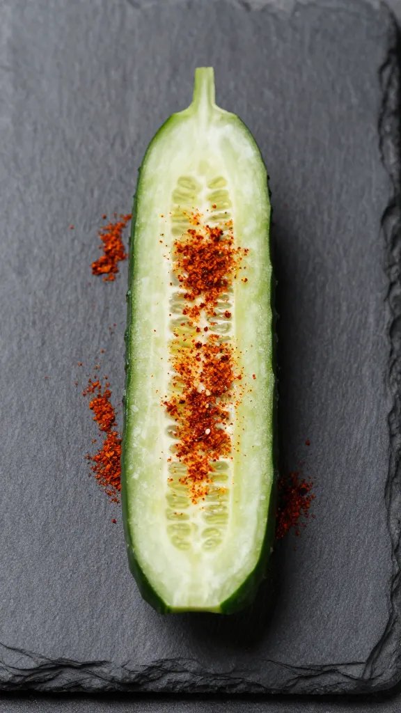 single cucumber crisp with paprika dusting on slate plate