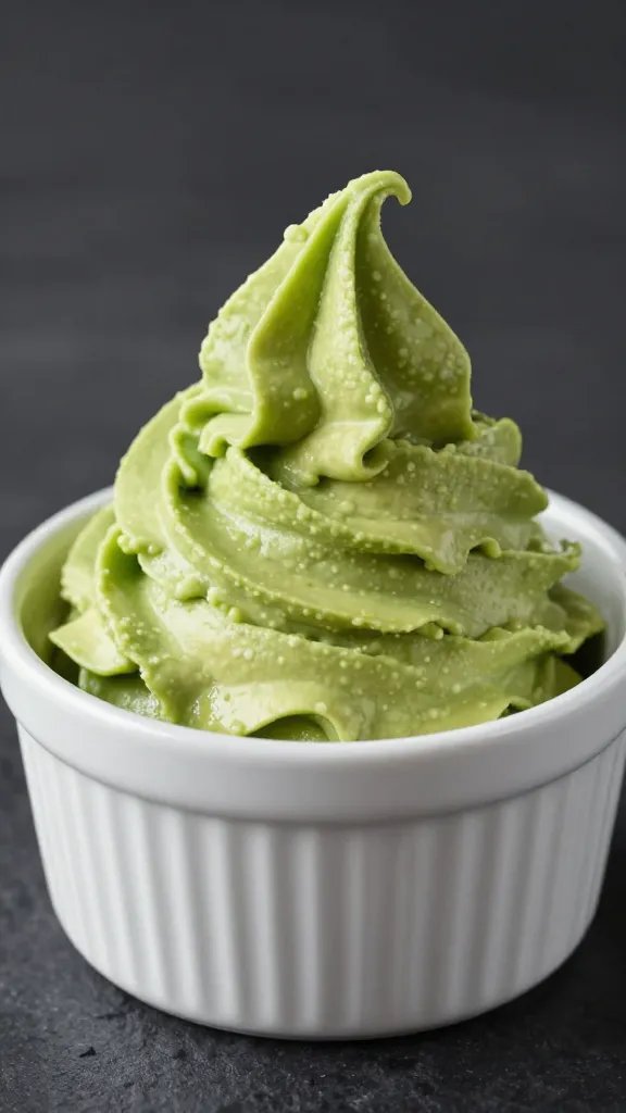 wasabi avocado mousse swirl in white ramekin