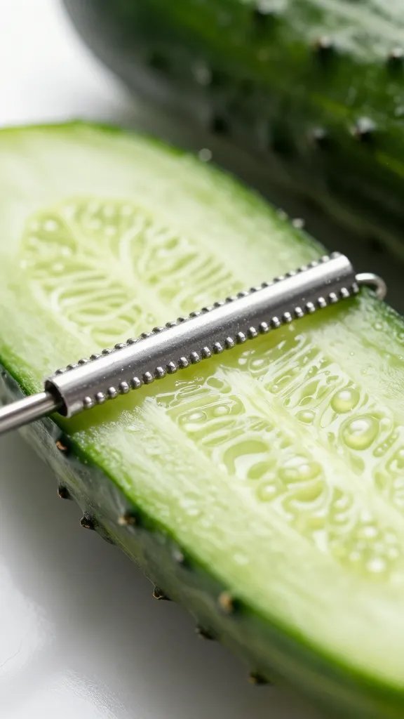 mandoline slicing an English cucumber, macro shot