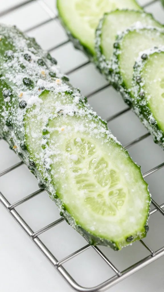 cornstarch-dusted cucumber slice on wire rack