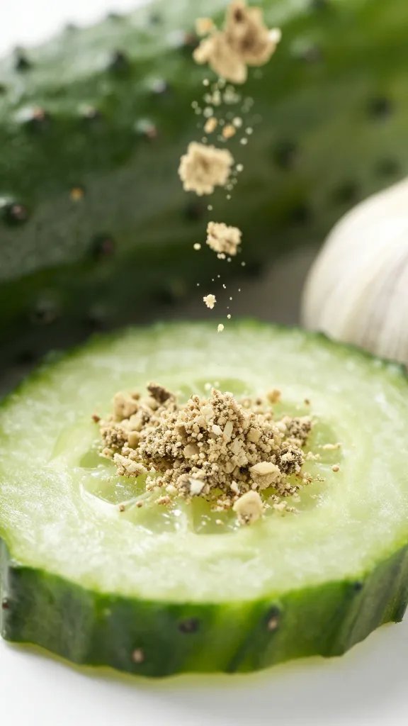 garlic powder sprinkle over cucumber slice, macro