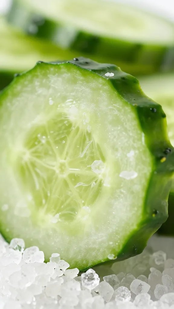 pinch of flaky salt on cucumber crisp, extreme closeup