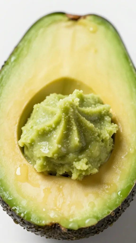 glossy avocado half beside wasabi paste dollop, macro