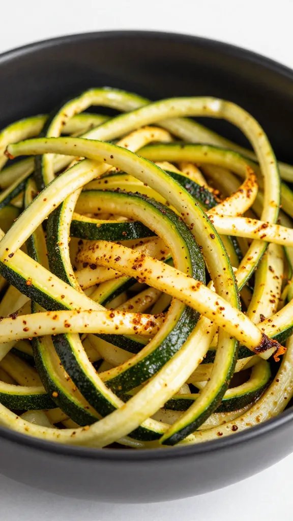 closeup bowl of Moroccan-spiced zucchini ribbons, matte black bowl