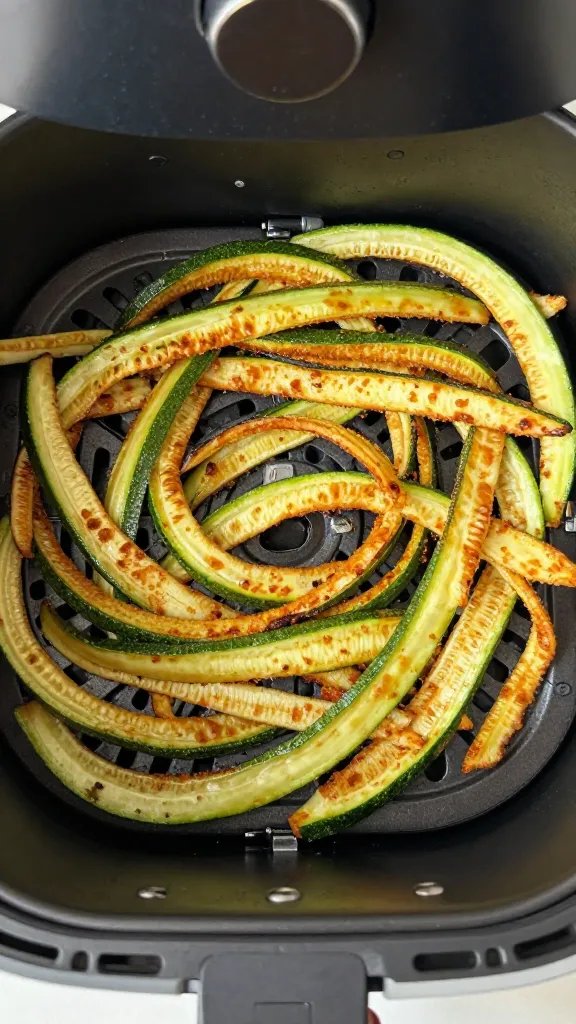 single air fryer basket with crisp zucchini ribbons, overhead