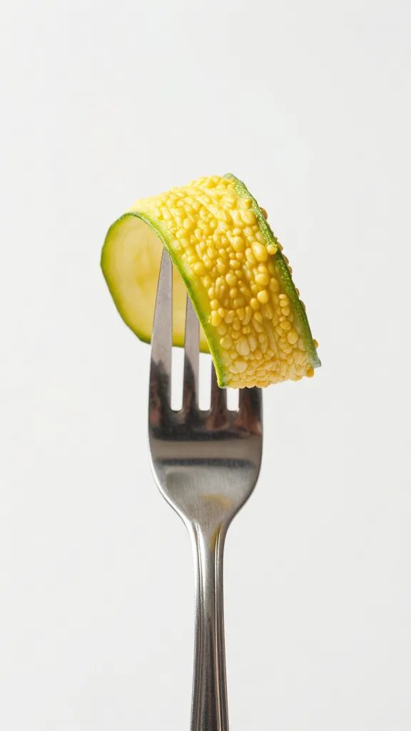 golden crinkled zucchini ribbon on fork, shallow depth