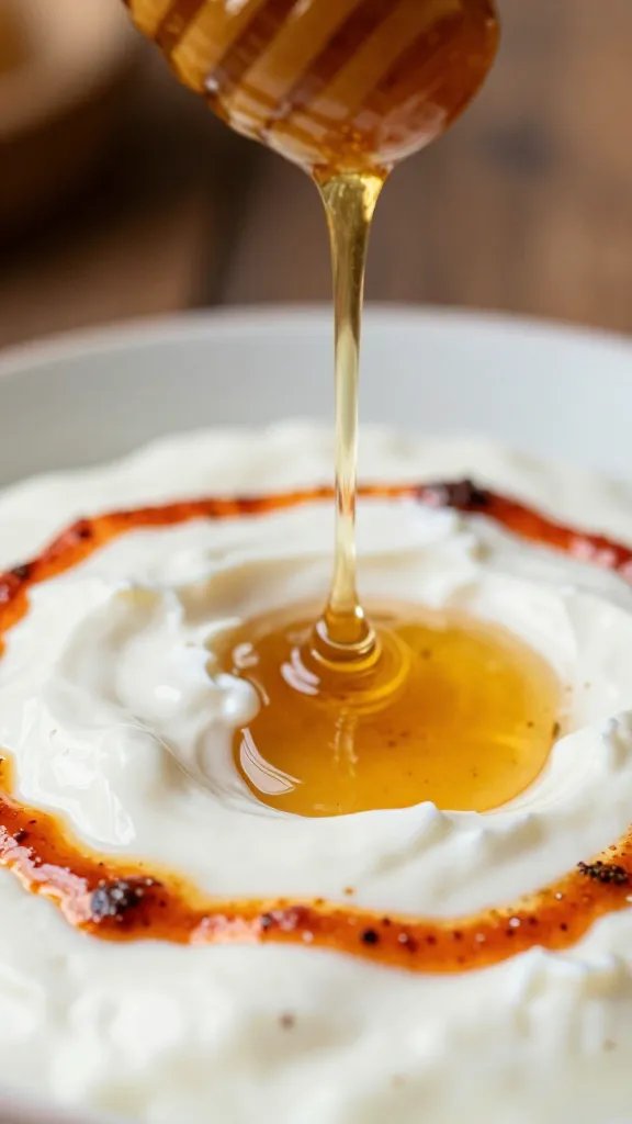 drizzle of honey into harissa yogurt, extreme closeup